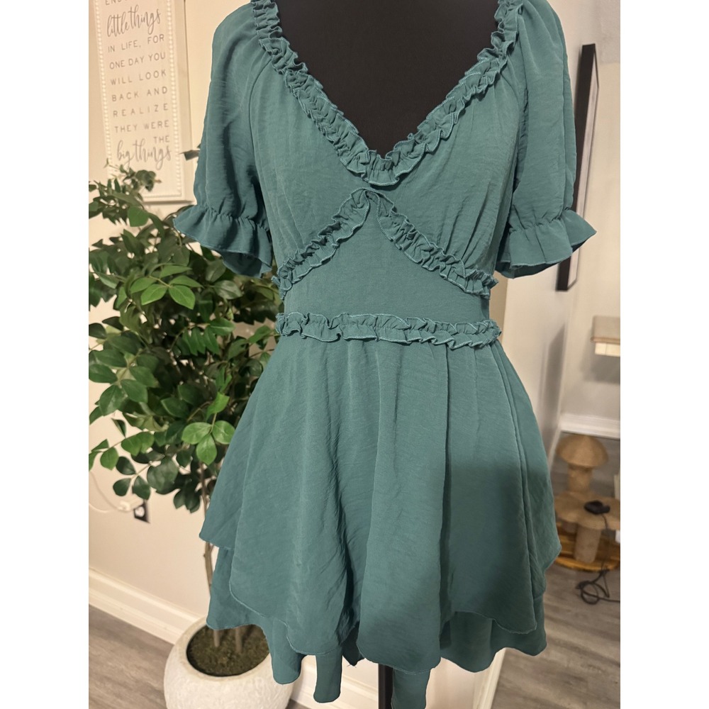 Inspired Hearts Teal Green Ruffle romper Puff Sleeve Smocked Back Medium